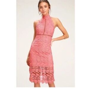 Bardot Lace Halter Midi Dress Coral Pink Size 6 Cocktail Wedding Guest Romantic